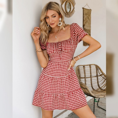 Plaid Square Neck Ruff Sleeves Dress