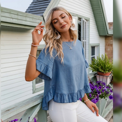 O-Neck Loose Ruffled Blouse