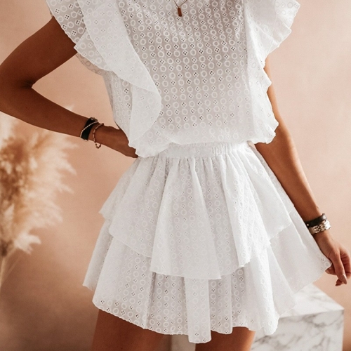 Crew Neck Embroidery Ruffle Mini Dress