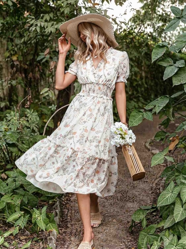 V-neck Floral Printed Elastic Midi Dress