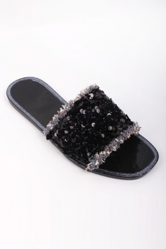 Square-toe Sequins Furry Sandals