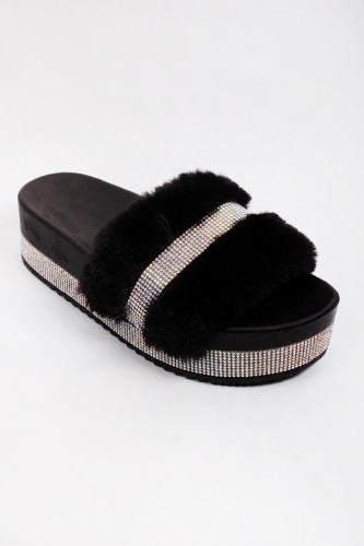 Rhinestone Furry Platform Slides