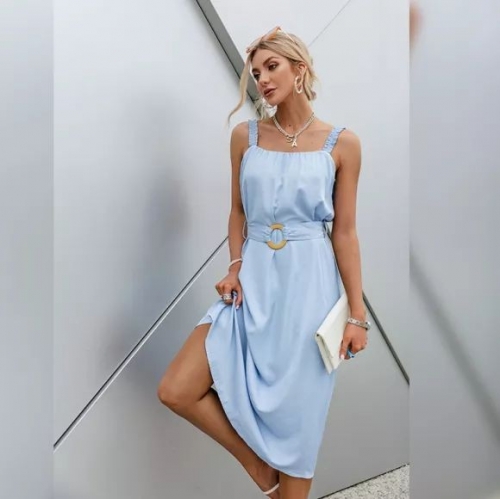 Blue Belted Midi Dress