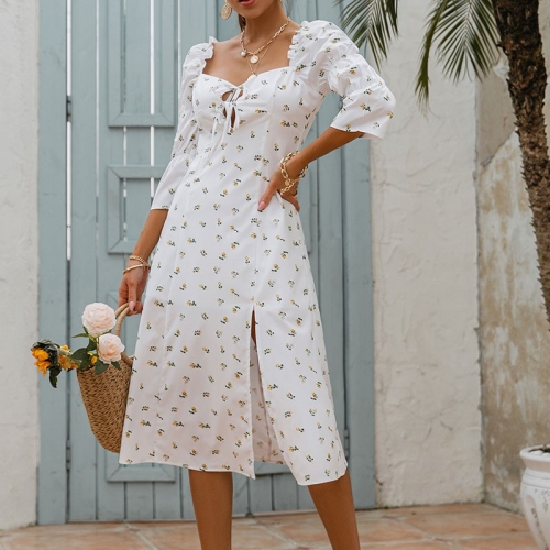 Floral Milk Maid Slit Dress