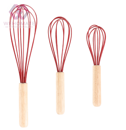 Silicone Whisk with wooden handle Kitchen Utensils for Blending, Whisking, Beating, Stirring