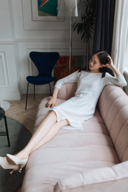 White Knit Stripe Off-Shoulder Dress