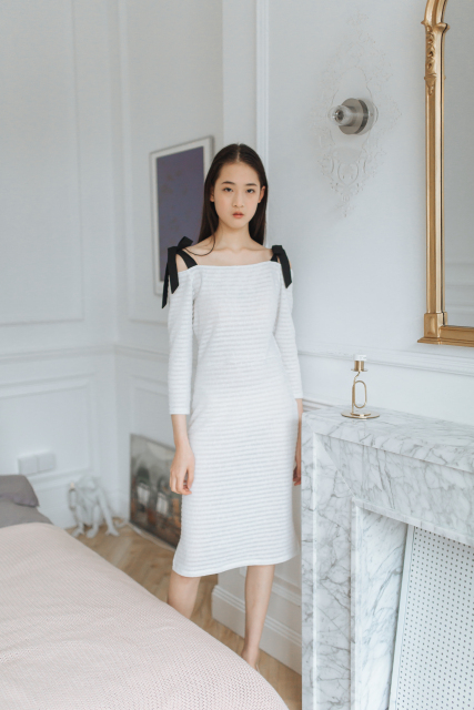 White Knit Stripe Off-Shoulder Dress