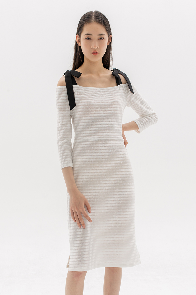 White Knit Stripe Off-Shoulder Dress