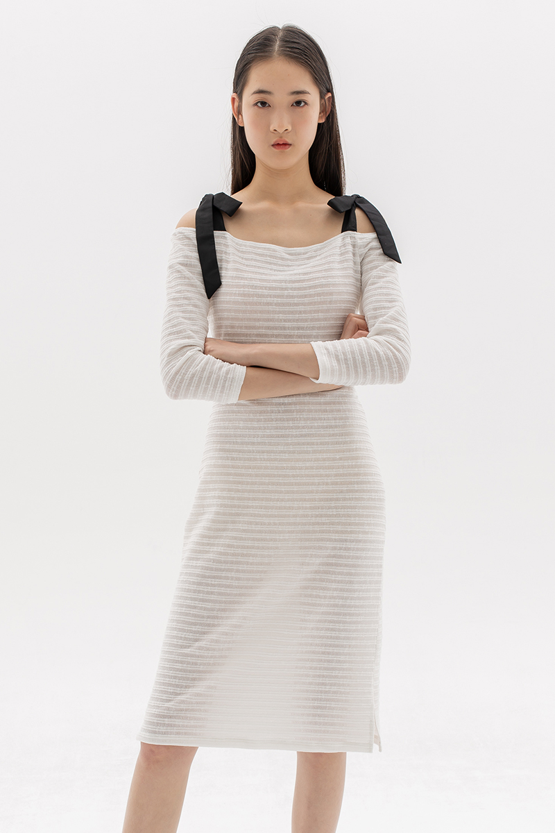White Knit Stripe Off-Shoulder Dress