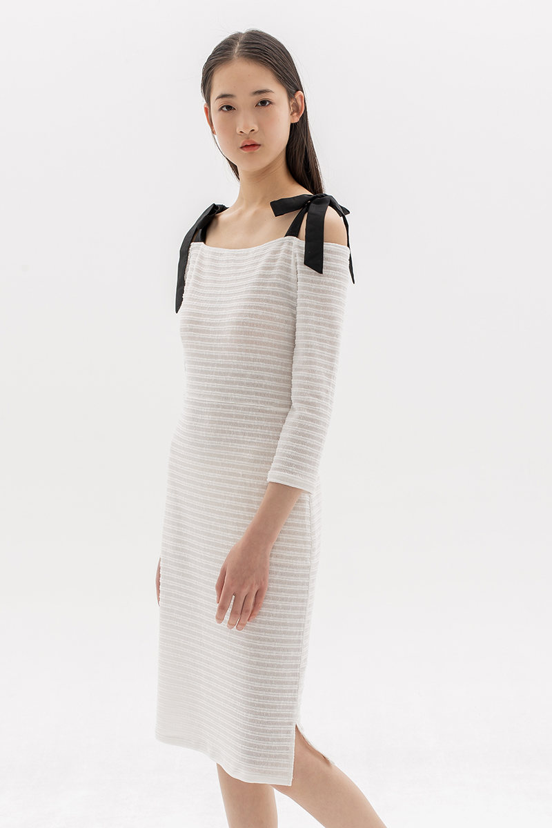 White Knit Stripe Off-Shoulder Dress