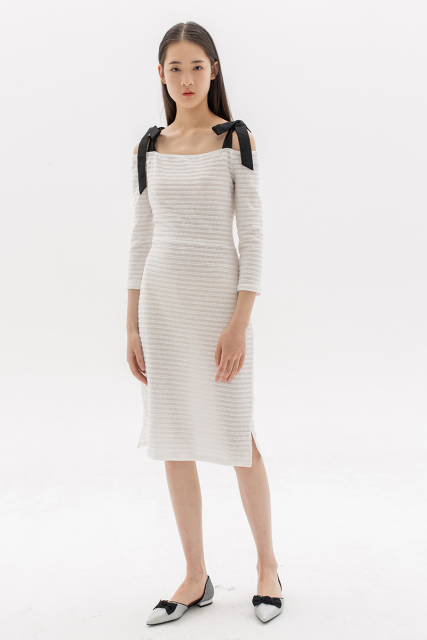 White Knit Stripe Off-Shoulder Dress