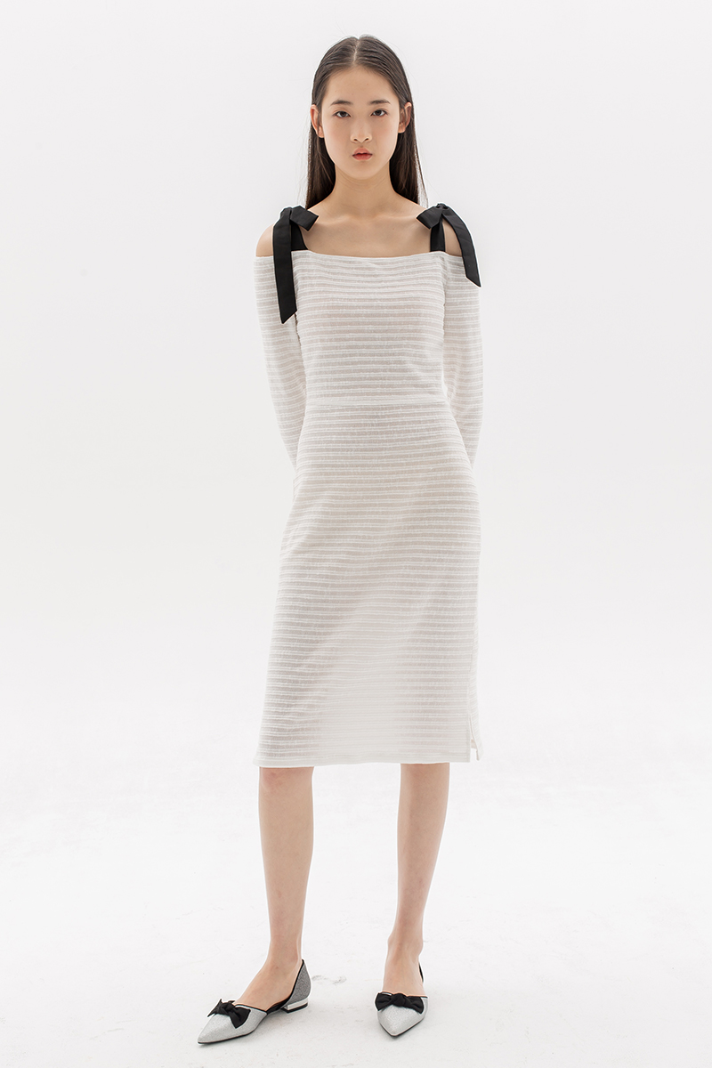 White Knit Stripe Off-Shoulder Dress