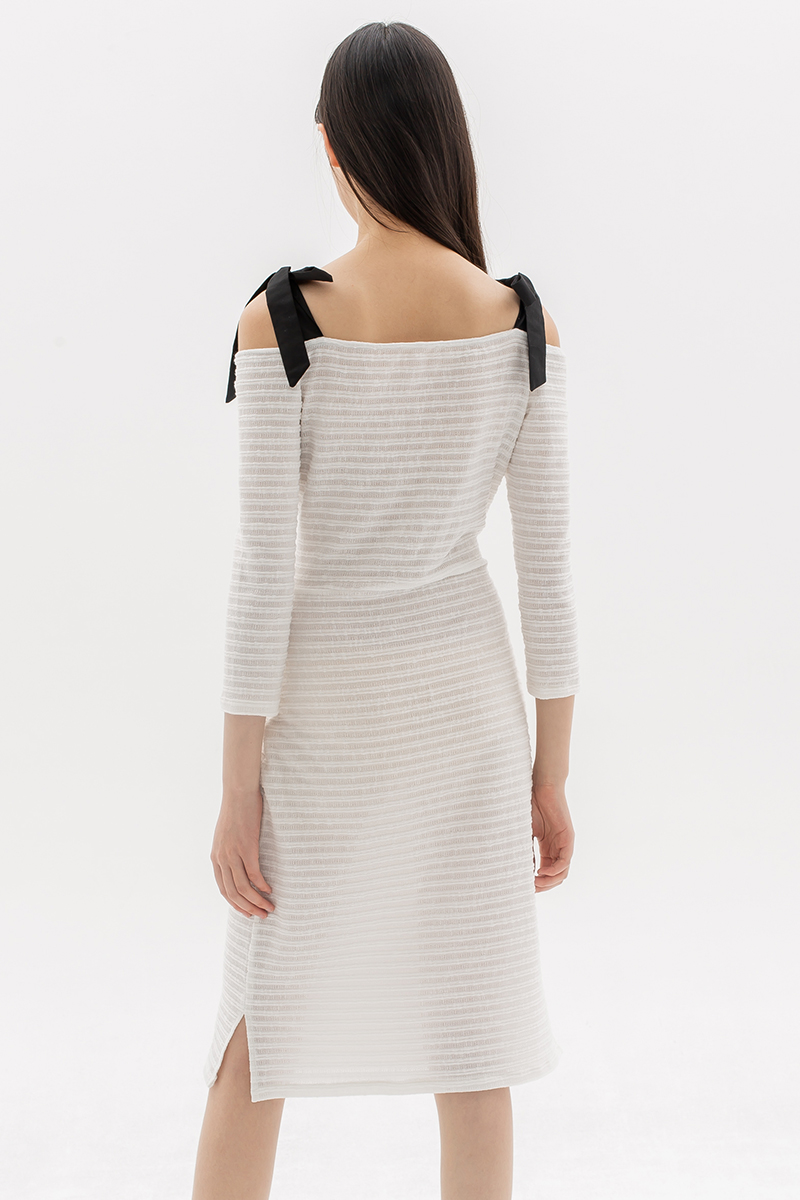 White Knit Stripe Off-Shoulder Dress
