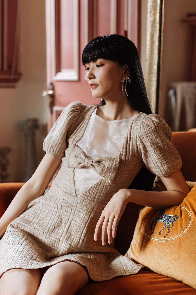 Khaki Knit Organza Splicing Dress