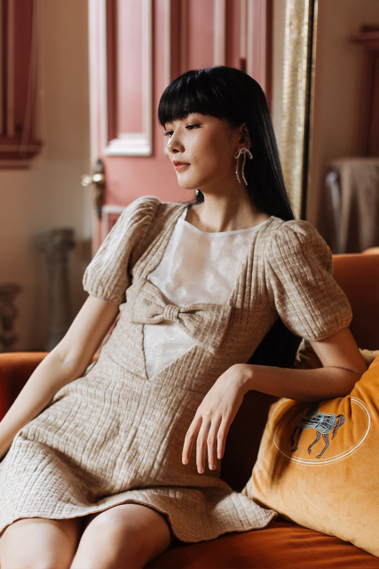Khaki Knit Organza Splicing Dress