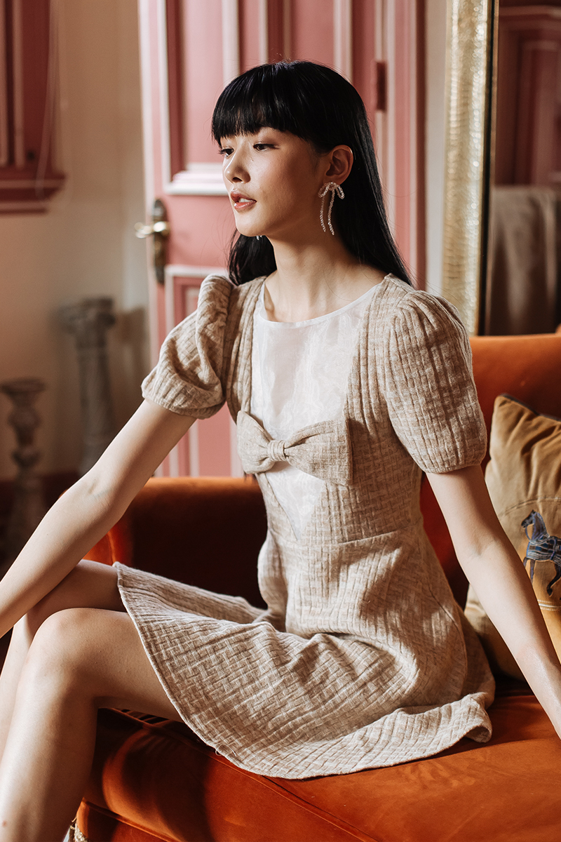 Khaki Knit Organza Splicing Dress