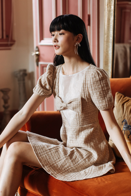 Khaki Knit Organza Splicing Dress