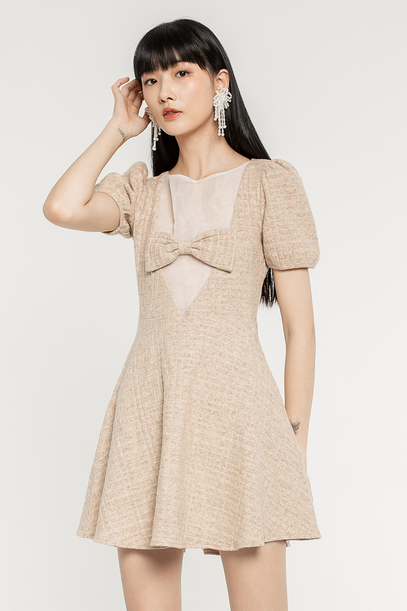 Khaki Knit Organza Splicing Dress