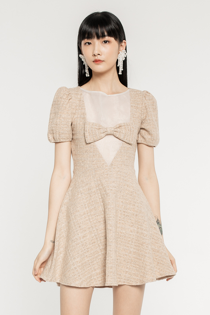 Khaki Knit Organza Splicing Dress