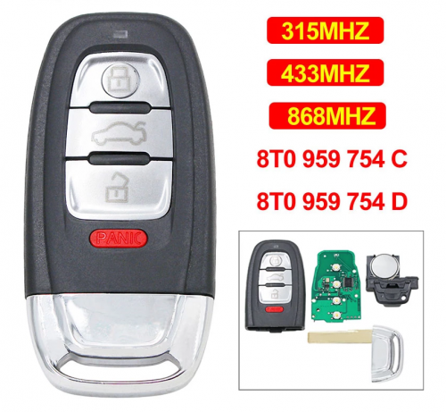 3+1/4 Button Remote Key 315Mhz 433Mhz 868Mhz 8T0959754C For Audi Q5 A4 A5 A6 A7 A8 S4 S5 RS4 RS5 8T0 959 754 C 8T0 959 754 D