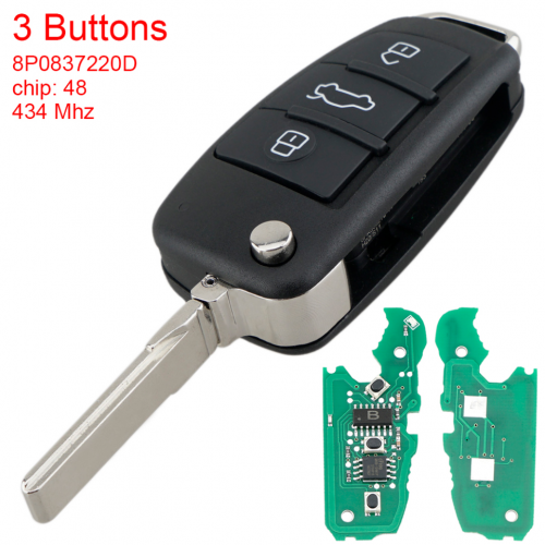 Audi 3 Buttons 433MHz Flip Remote Key Fob with 48 Chip 8P0837220D Fit for AUDI A2 A4 S4 Cabrio Quattro Avant 2005 2006 2007 2008