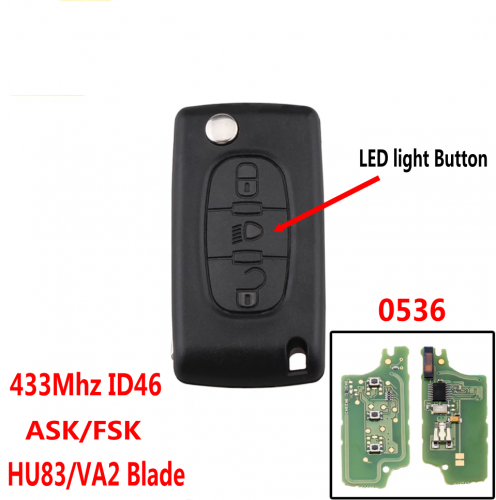 3Buttons With Lamp Flip Key For Peugeo.t Citroe.n Blade HU83/VA2 0536 ASK/FSK (LED Light Button)