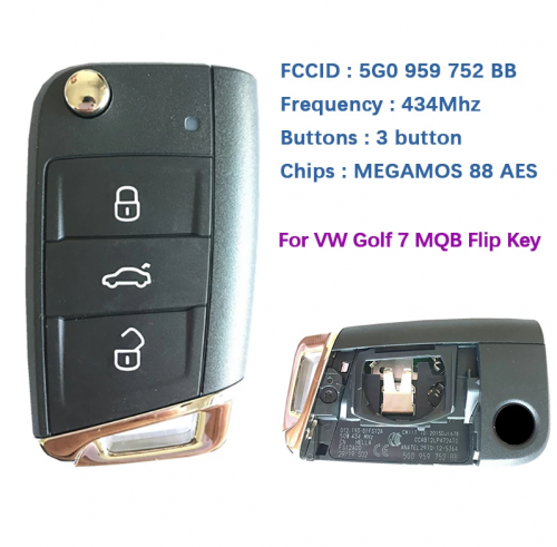 3 Button Flip Remote Key For VW Golf 7 MQB With 434 Mhz Without Proximity FCCID  5G0 959 752 BB