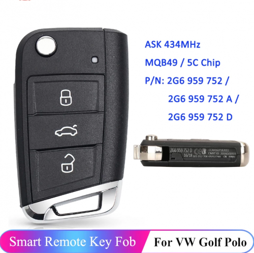 3 Button MQB49 / 5C Chip for VW Golf Polo 2017 2018 2019 2020 2021 Remote Key 434MHz P/N: 2G6 959 752 / 752A / 752D