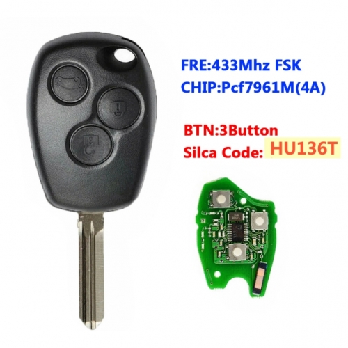 3 Button Remote Car Key 433mhz With PCF7961M/4A HU136/VAC102/VA2 Round Button
