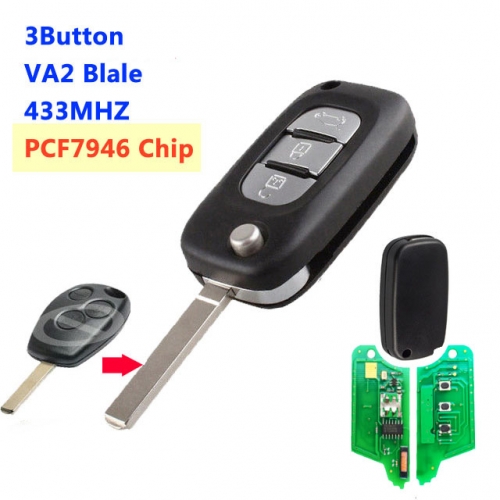 3 Button upgrade Flip Key For R-enault PCf7946 Chip VA2 NE73 Blade