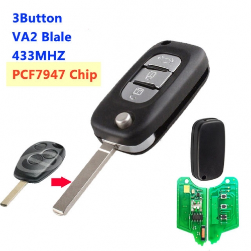 3 Button upgrade Flip Key For R-enault PCf7947 Chip VA2 NE73 Blade