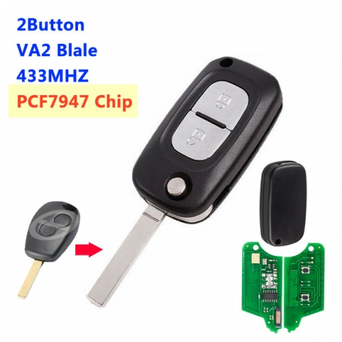 2 Button upgrade Flip Key For R-enault PCf7947 Chip VA2 NE73 Blade