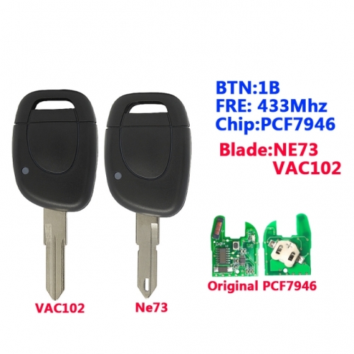 1 Button Remote Key With PCF7947/PCF7946 Chip NE73/ VAC102 Blade For R-enault Twingo Clio