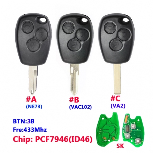 3 Button Remote Car Key for R-enault 433mhz With PCF7946 Round Button