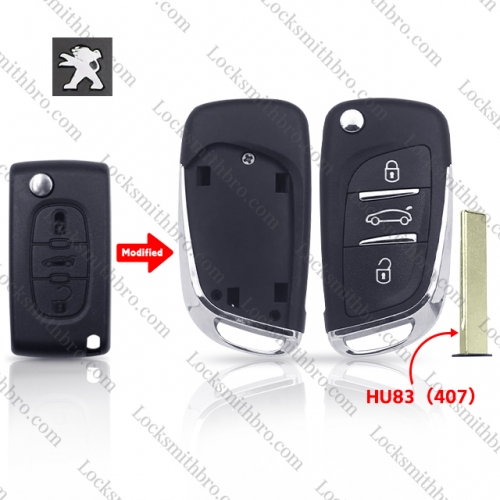 3 button TPeugeot HU83(407) blade Modified Remote Car Key shell without battery holder
