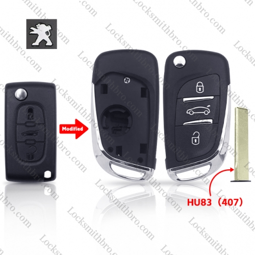 3 button TPeugeot HU83(407) blade Modified Remote Car Key shell with battery holder