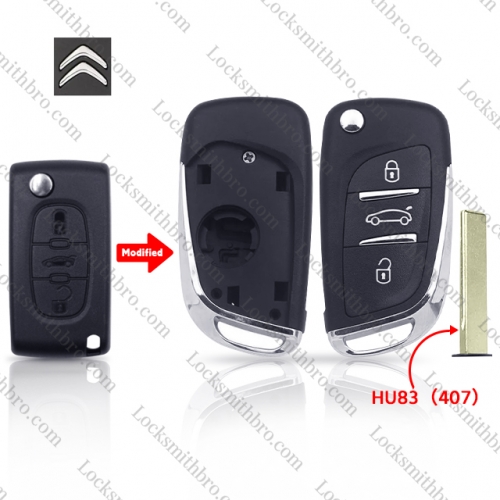 3 button TCitroen HU83(407) blade Modified Remote Car Key shell with battery holder