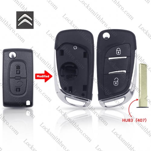 2 button TCitroen HU83(407) blade Modified Remote Car Key shell with battery holder