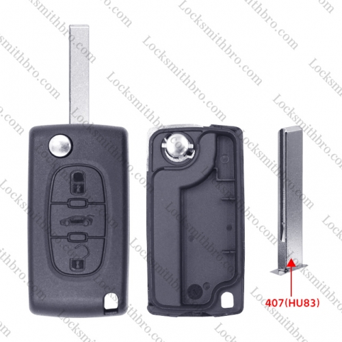 3 Button 407(HU83) Blade Peugeo With Trunk Button Flip Remote Key Shell No Battery Place