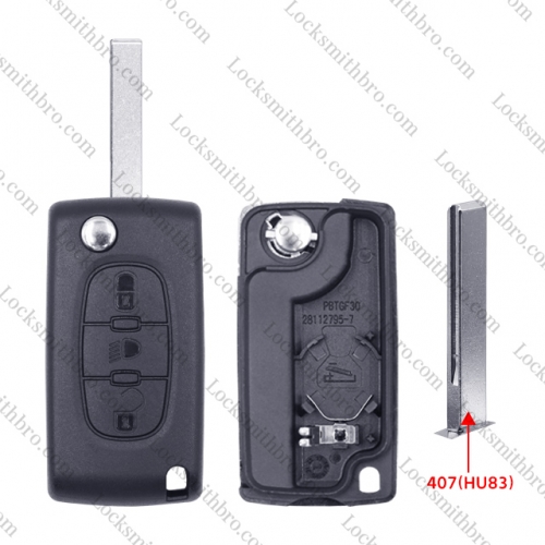 3 Button 407(HU83) Blade Peugeo With Light Button Flip Remote Key Shell With Battery Place