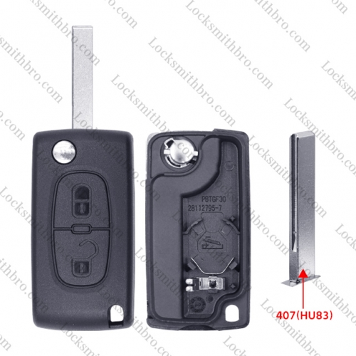 2 Button 407(HU83) Blade Peugeo Flip Remote Key Shell With Battery Place