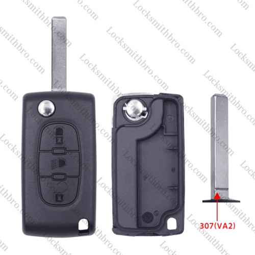 3 Button 307(VA2) Blade Peugeo With Light Button Flip Remote Key Shell No Battery Place