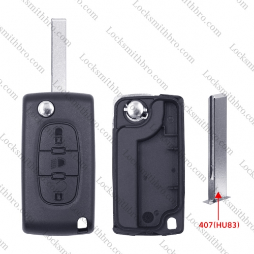 3 Button 407(HU83) Blade Peugeo With Light Button Flip Remote Key Shell No Battery Place