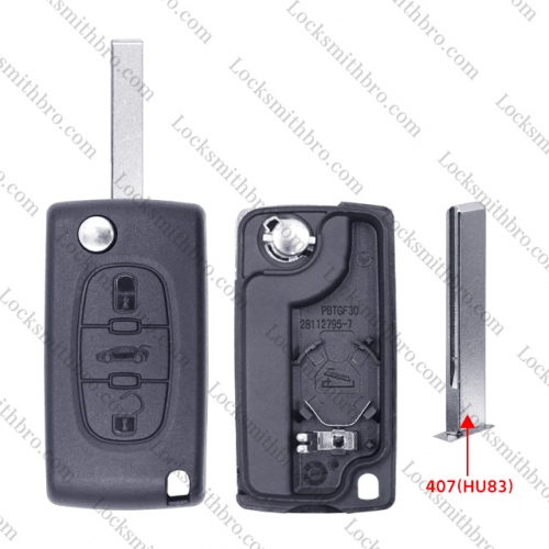 3 Button 407(HU83) Blade Peugeo With Trunk Button Flip Remote Key Shell With Battery Place