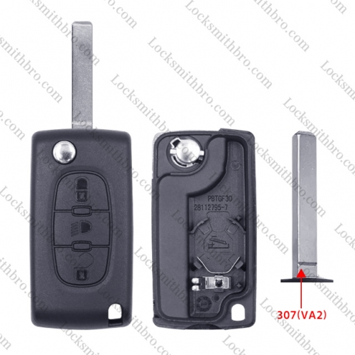 3 Button 307(VA2) Blade Peugeo With Light Button Flip Remote Key Shell With Battery Place