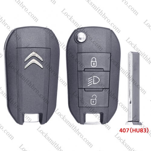 407(HU83) 3 Button TCitroen Flip Remote Key Shell with light button