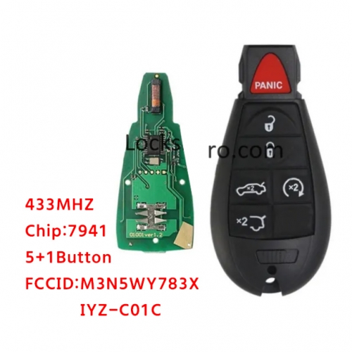 LockSmithbro M3N5WY783X 433Mhz 5+1 Button With 7941（46） Chip ForChrysler Remote Key IYZ-C01C