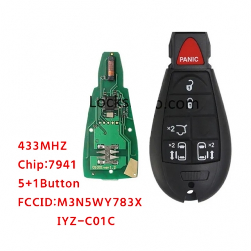 LockSmithbro M3N5WY783X 433Mhz 5+1 Button With 7941（46） Chip ForChrysler Remote Key IYZ-C01C