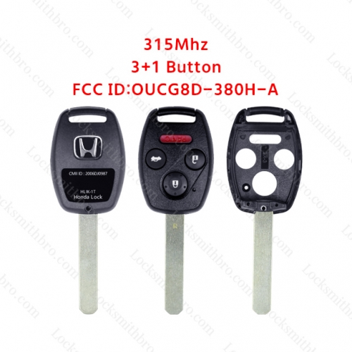 LockSmithbro 3+1 Button Honda 315Mhz No Chip Inside Remote Key ForOdyssey Ridgeline FCC ID: OUCG8D-380H-A