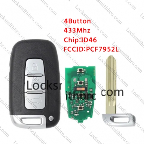 LockSmithbro 3 Button PCF7952L &ID46 Chip 433Mhz Right Blade Smart Key Card For Kia K2 K5 Sportage